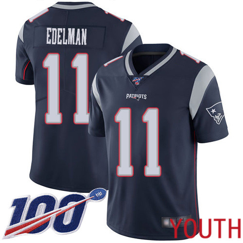 New England Patriots Football #11 100th Season Limited Navy Blue Youth Julian Edelman Home NFL Jersey->new england patriots->NFL Jersey
